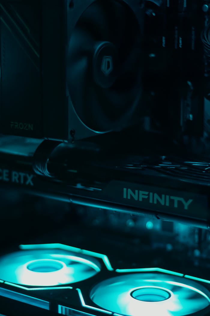 High-performance gaming PC components with glowing LED lights in a dark setup.