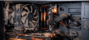 gaming PC interior showing dust buildup causing blue screen errors