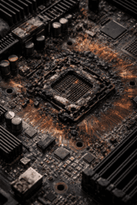 Dead Motherboard: Steps for Effective Repair Close-up of burnt circuit area on dead motherboard