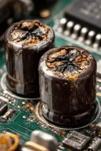 Dead Motherboard: Steps for Effective Repair Close-up macro photo of swollen and leaking capacitors