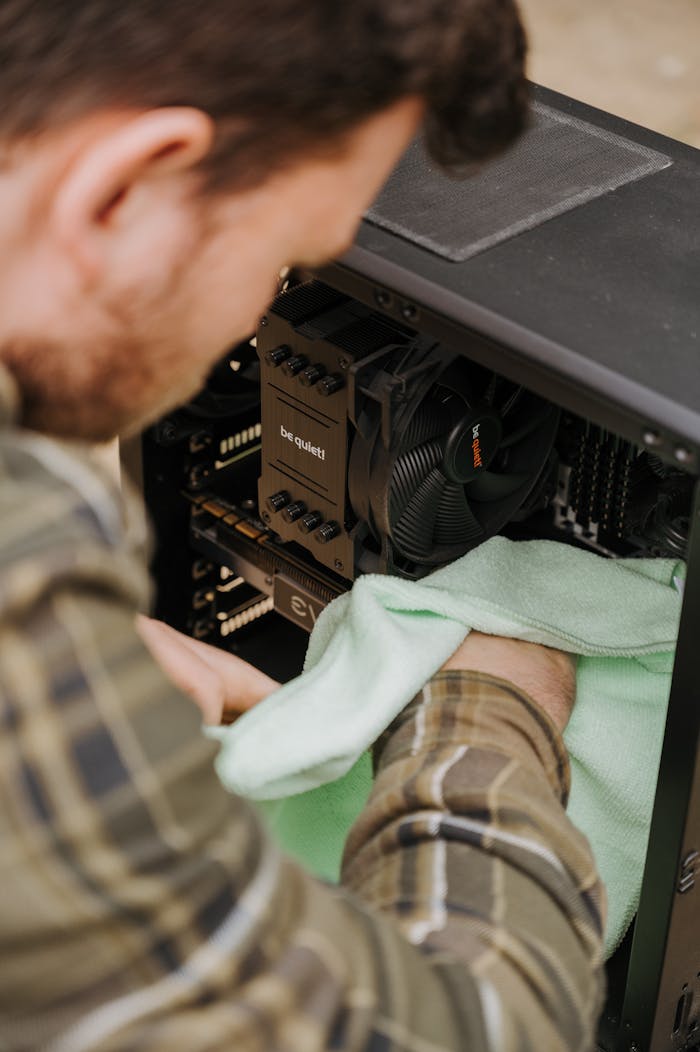 Adult male cleaning desktop computer interior using soft cloth for maintenance.